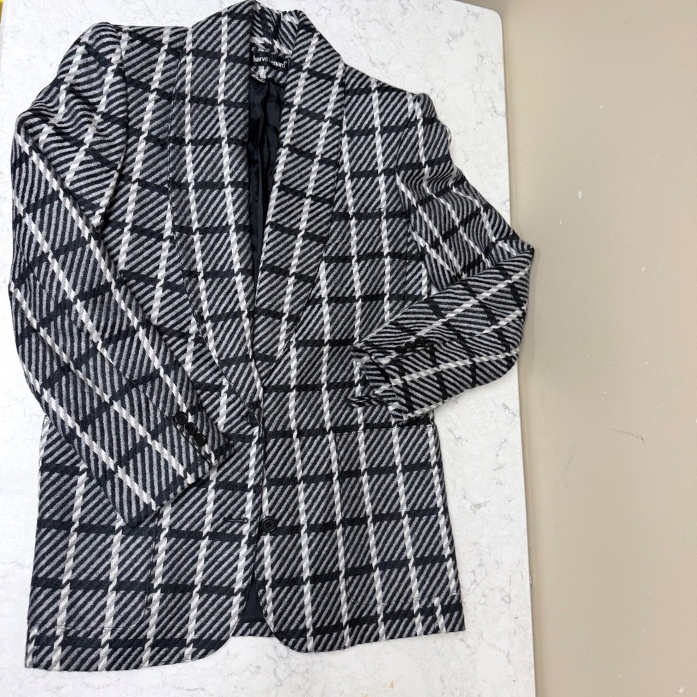 Harve Benard Vintage 100% Wool Plaid Blazer Black White Shawl Collar Size 6